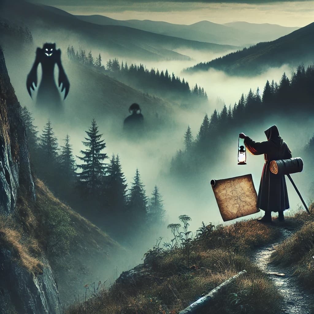 Depiction of traversing an uncertain wilderness